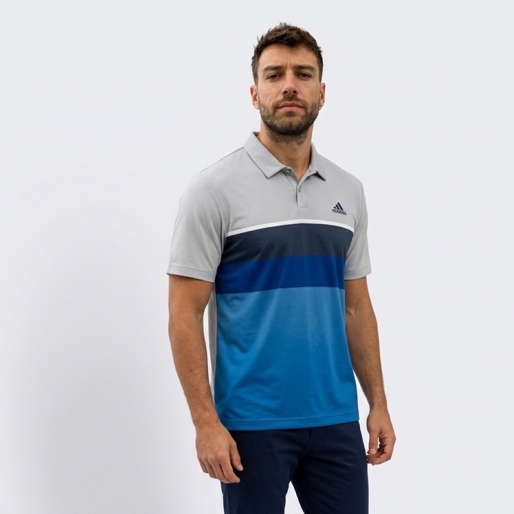 Adidas Golf Mens XL Climacool Polo Shirt Grey Blue Striped Short Sleeve